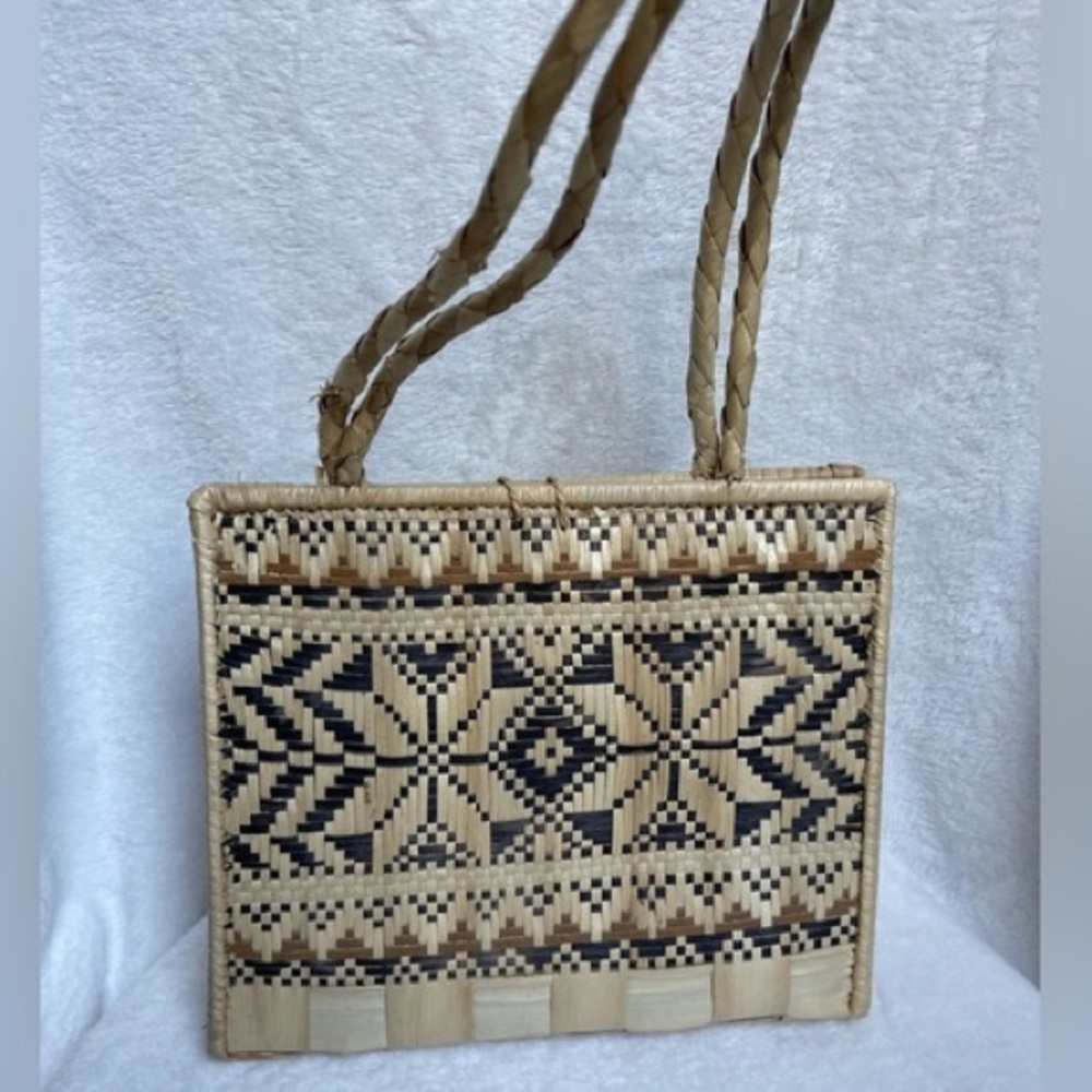 Vintage Tan and Black Shoulder Bag with Geometric Design